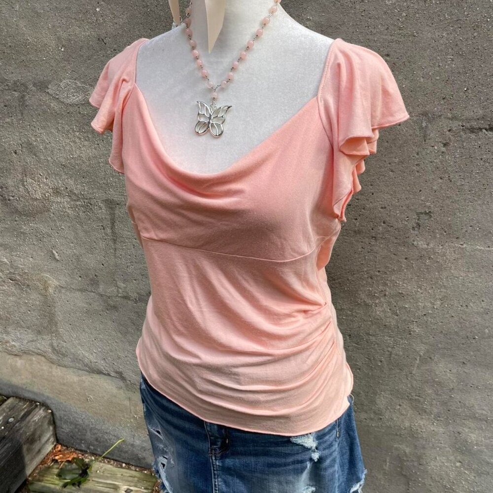 Jacob Peach Pink Draped Neck Ruffled Sleeve Blouse